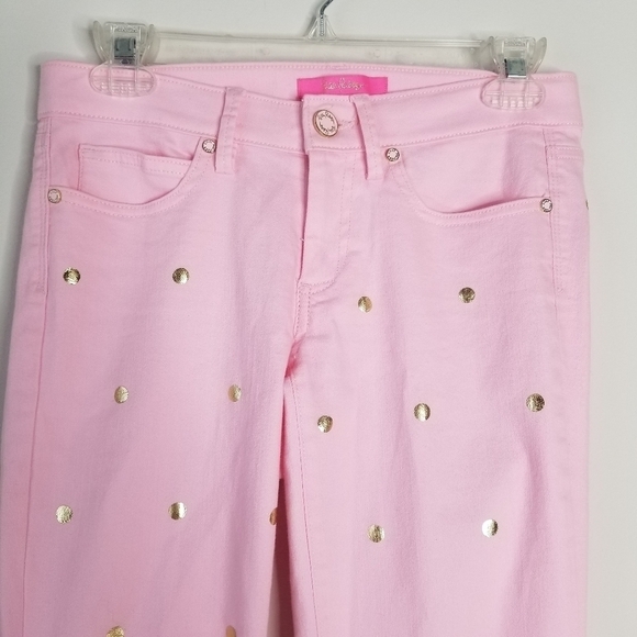 Lilly Pulitzer South Ocean Crop Flare Pink Tropics Polka Dot Denim Jeans Size 2 - Picture 11 of 15